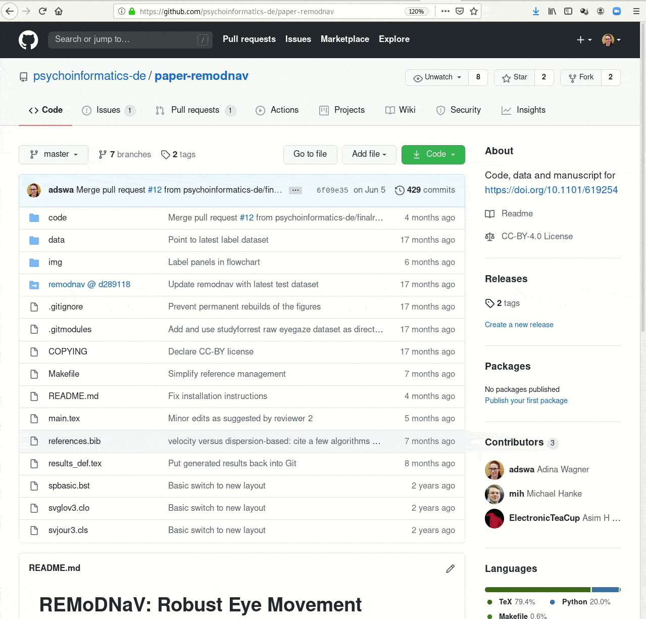 a screenrecording of cloning REMODNAV paper dataset from github